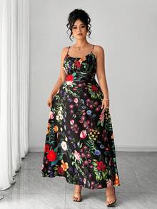 Elenzga 加大码随机印花黑色底亮丽花朵热带度假风吊带收腰A字长裙，优雅性感 - 彩色 - 查看 4