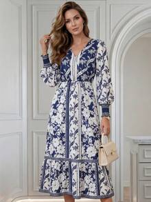 Miaspire Đầm maxi dài tay cổ chữ V in hoa thanh lịch dành cho nữ, thích hợp cho kỳ nghỉ. - Nhiều màu - Xem 4