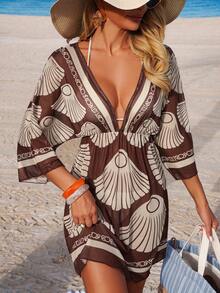 Swim Lushoire Women's Spring/Summer Beach Dress, Floral Print V-Neck Waist Cinched Vacation Dress, Cover-Up Set Bathing Suits With Coverup Swimwear Coverups Beach Vacation Dress Bikini Cover Up Dress Beach Coverup Women - Coffee Brown - View 6