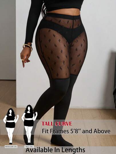 SHEIN Tall CURVE Vớ nữ cỡ lớn, Vớ ngày Valentine, Vớ đen cỡ lớn, Vớ cao đến đùi chống trượt, Quần legging lưới đen phối màu, trang phục thường ngày đơn giản, thời trang.
