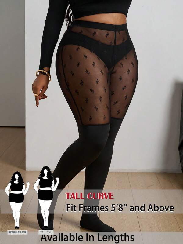 SHEIN Tall CURVE Vớ nữ cỡ lớn, Vớ ngày Valentine, Vớ đen cỡ lớn, Vớ cao đến đùi chống trượt, Quần legging lưới đen phối màu, trang phục thường ngày đơn giản, thời trang.