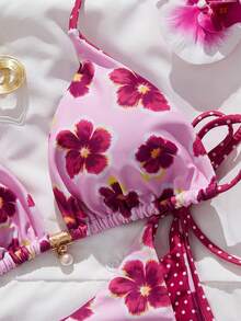 Swim Mod Bộ bikini nữ mùa hè mới, kiểu dáng giản dị, họa tiết hoa ngẫu nhiên và chấm bi, hở lưng, hình tam giác, gợi cảm, thích hợp cho kỳ nghỉ biển. - Nhiều màu - Xem 2