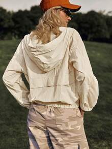 Medorelle Áo hoodie nữ thể thao thường ngày phối lưới, có khóa kéo. - Màu be - Xem 2