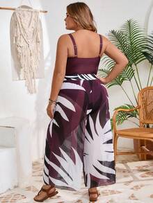 SHEIN CURVE+ Plus Size Women Chest Decor Design Beach Vacation One-Piece Swimsuit - Burgundy - View 2