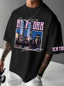 Manfinity LEGND Men's Round Neck Letter & City Graphic Casual Everyday Wear Short Sleeve T-Shirt - Black - View 1