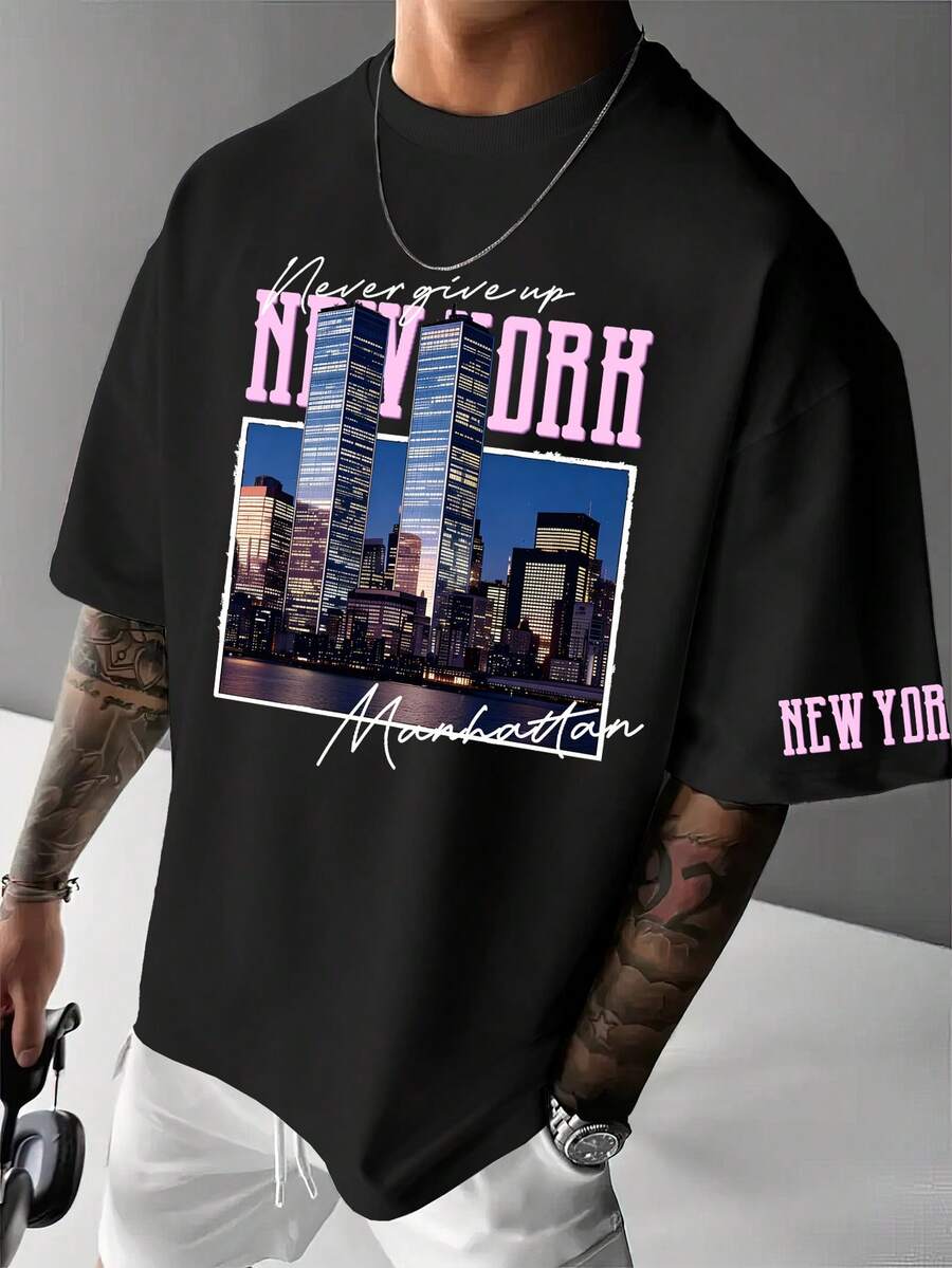 Manfinity LEGND Men's Round Neck Letter & City Graphic Casual Everyday Wear Short Sleeve T-Shirt - Black - View 1