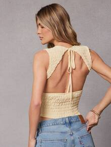 Hauture Áo voan không tay màu vàng bơ gợi cảm, hở lưng, xếp ly, đơn giản, thanh lịch dành cho nữ. - Vàng nhạt - Xem 1