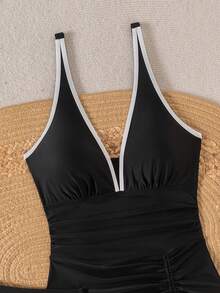 Swim Chiccia Women's Elegant Deep V-Neck Drawstring Slit Black Swimsuit Dress,Summer Vacation Holiday One Piece Bathing Suits Set - Black - View 12