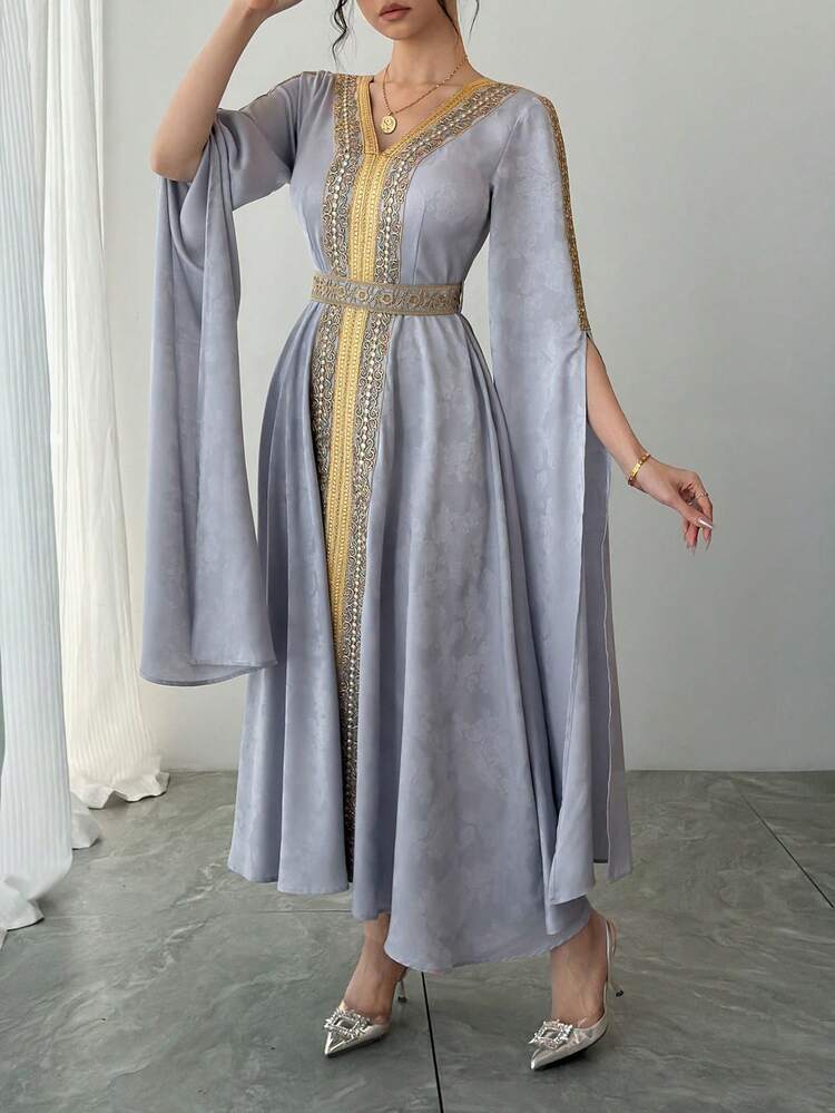 Women's V-Neck Color Block Lace Patchwork Waist Flare Elegant Dress Sundress