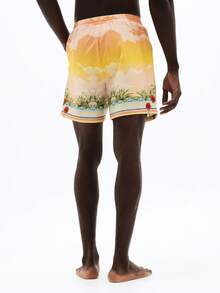 SUMWON Beach Board Shorts With Tropical Sunset Print And Classic Figure Graphic Design Elastic Waistband Drawstring Summer Vacation Swimming Trunks - Multicolor - View 2