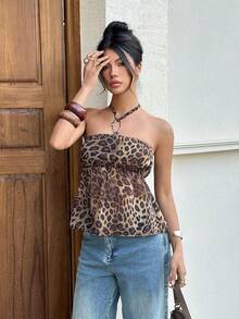 Siren Gaze Áo không tay cổ yếm hở lưng đính vòng kim loại họa tiết da báo dành cho nữ, thích hợp cho mùa xuân/hè. - màu nâu - Xem 6