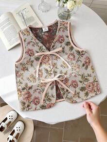 LMoss Kids 女婴V领印花系带休闲百搭日常上衣 - 彩色 - 查看 5