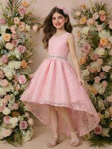 Vestido elegante y de alta gama color rosa para niña preadolescente, vestido de estilo princesa a la moda y lindo - Rosa - Ver 9