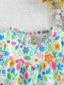 SHEIN Playful Pals 女婴可爱碎花荷叶袖休闲连衣裙，适合居家、户外、度假、聚会和日常穿着 - 彩色 - 查看 6