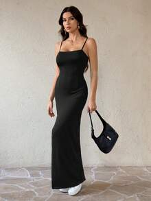 SHEIN Tall 女士纯色高开衩吊带连衣裙 - 黑色 - 查看 5