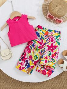 Travachic KIDS Baby Girl Summer Cute Vacation Knit Green Camisole Floral Pattern Pants Set