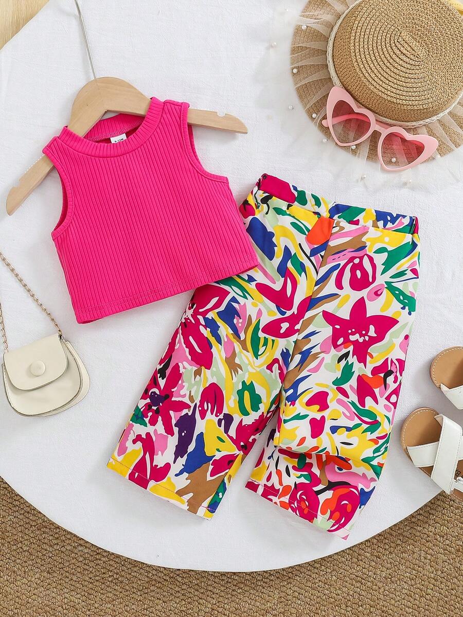 Travachic KIDS Baby Girl Summer Cute Vacation Knit Green Camisole Floral Pattern Pants Set