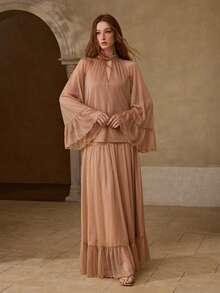 MOTF PREMIUM 女士浪漫荷叶边上衣和半裙两件套，春夏款 - 卡其色 - 查看 4