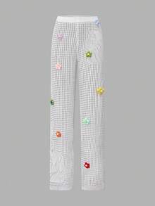 Swim Vcay Women's Colorful 3D Floral Hollow Out Knitted Beach Cover Up Pants - White - View 3