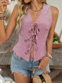 Breezaya 女士纯色休闲前系带吊带背心 - 粉色 - 查看 4