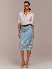 COSMINA 女士口袋纽扣蕾丝拼接时尚百搭约会之夜牛仔迷你裙 - 藍色 - 查看 3