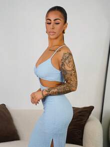 SAYEHFBABY 度假休闲性感格纹背心，纹理面料 - 淺藍色 - 查看 6