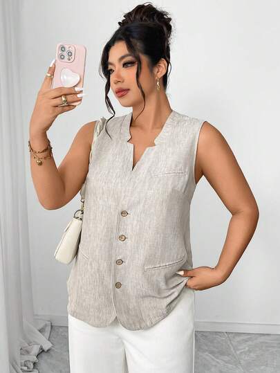 Elenzga Plus Size Linen-Like V-Neck Sleeveless Open Front Tank Top, Elegant For Commuting, Casual Wear, And Vacation