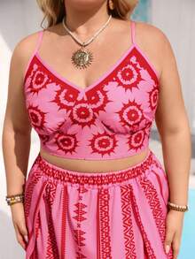 Vivid Eden Plus Size Women V-Neck Camisole Top & High Slit Maxi Skirt,Pink Boho Striped Print 2-Piece Set,Summer Beach Holiday Outfits,Criss-Cross Back Sundress - Hot Pink - View 8