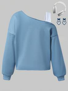 Sparklyn Áo nỉ nữ tuổi teen in nơ, kiểu dáng bất đối xứng, hở vai và vạt áo không đối xứng. - Màu xanh lam - Xem 2