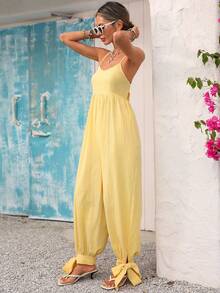 Vivid Eden 女士宽松休闲连体裤，系带袖口，纹理面料，适合户外、度假、春夏穿着 - 黃色 - 查看 7