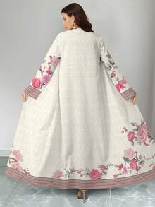 SHEIN Najma 女士优雅花卉数码印花圆领长款连衣裙和长款开衫两件套，春夏休闲装 - 彩色 - 查看 2