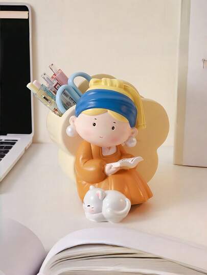 Zazumi 1个珍珠女孩坐姿桌面收纳树脂工艺笔筒，可放置书写工具、化妆刷等，小花束造型，可爱少女风装饰，完美学习礼物
