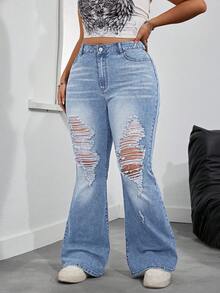 Jeanoix Plus Size Women High Waist Pockets Distressed Flare Leg Jeans - Blue - View 4