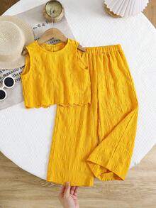 SHEIN Bộ 2 món gồm áo ba lỗ và quần dài dệt kim màu trơn dành cho bé gái, kiểu dáng thường ngày. - Màu vàng - Xem 6