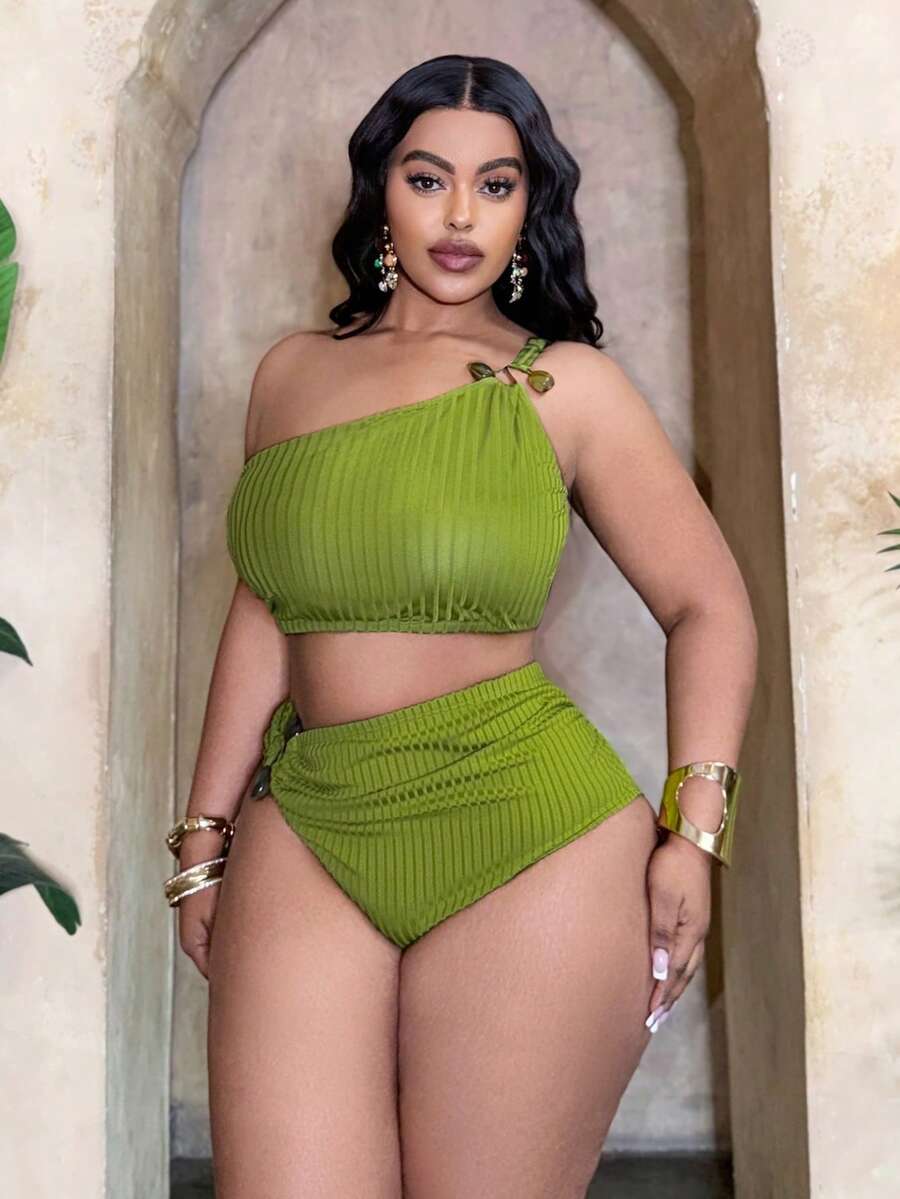 Slaydiva Plus Size Women's 2-Piece Set, 2026 New Arrival, Hot Selling, Solid Color Black Thick Ribbed Knit Jacquard Fabric, Fashion Resort Daily Casual, Asymmetric Neckline, Sexy High Waist Triangle Bottoms, Tummy Slimming Ruched Separate Bikini Set Set - Green - View 1
