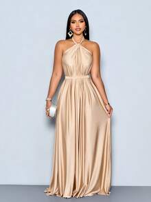 SOLERSUN Women's Elegant Apricot Satin Ruched Halter With Belt Maxi Dress,Ruched Flowy Backless Evening Gown For Formal Party Prom Wedding Guest - Khaki - View 9