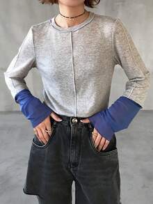 FRIFUL Women's Color Block Round Neck Long Sleeve Cuff Splice Slim Fit Casual Versatile T-Shirt - Light Grey - View 6