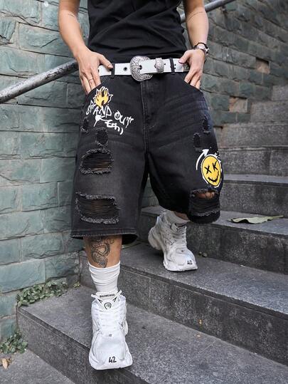 Manfinity EMRG 做旧黑色印花水洗美式休闲牛仔短裤