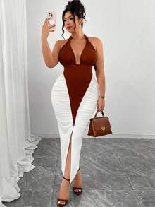 Elenzga Plus Size Dress,White,Summer,Girlism,Bachelorette Party,Night,Ruched Mermaid Hem Spaghetti Strap Twist Front Deep V European Style Color Blocking - Multicolor - View 1