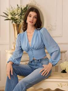 Modelyn 女士优雅法式V领褶皱腰部雪纺灯笼袖衬衫 - 藍色 - 查看 7