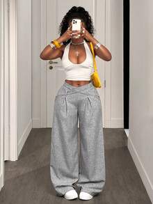 BamGleam 女士时尚通勤休闲褶裥口袋西装裤 - 灰色 - 查看 6