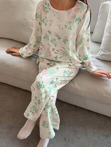 DAZY 植物图案印花撞色滚边宽松女士睡衣套装 - 白色 - 查看 1