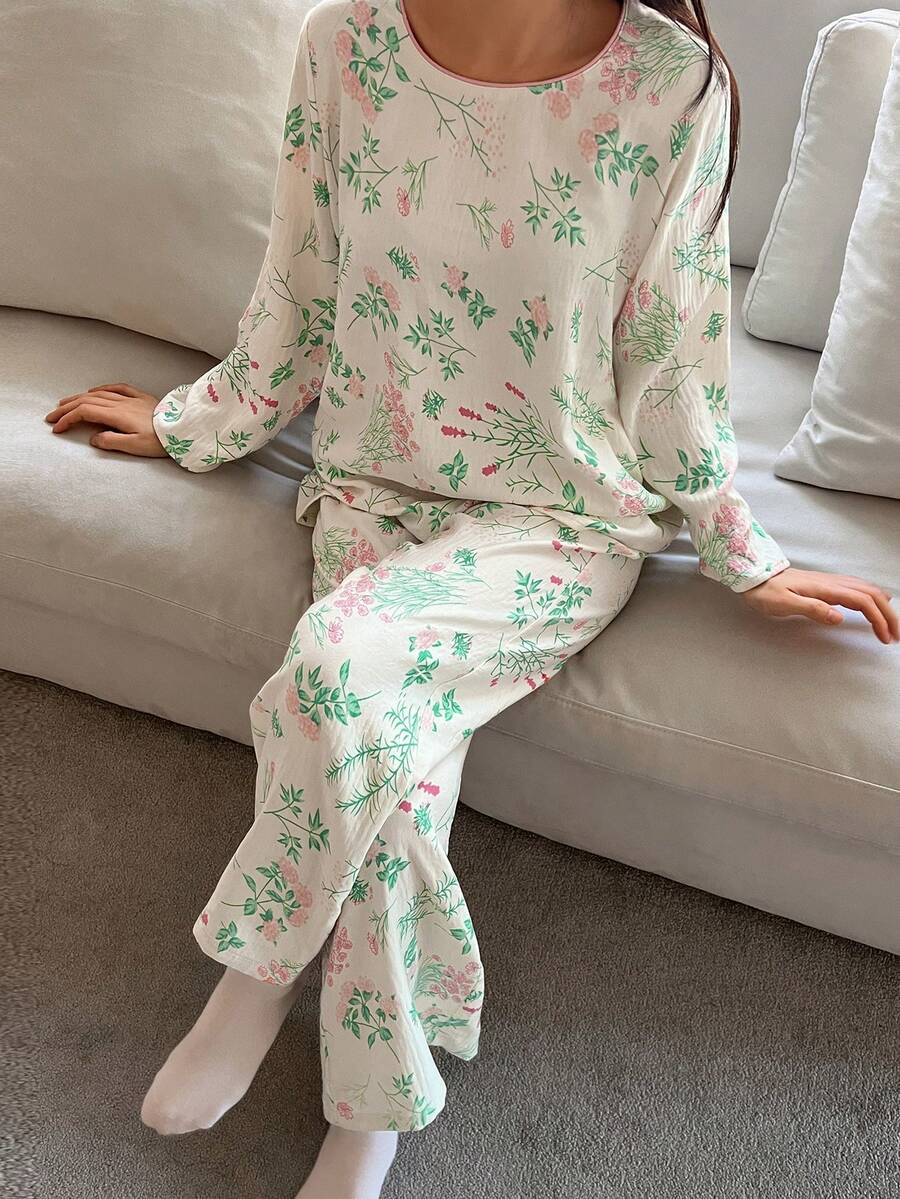 DAZY 植物图案印花撞色滚边宽松女士睡衣套装 - 白色 - 查看 1