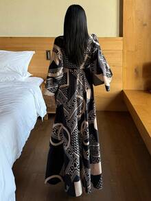 DAZY Retro Print Deep V-Neck Cinched Waist Long Nightgown For Women, Vacation - Black - View 5