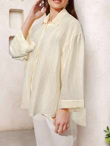 Veilorie Plus Size Women's Casual Basic Button-Down Long Sleeve Shirt - Apricot - View 4