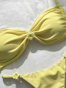 Swim Mod Women's Solid Color Floral Decor Spaghetti Strap Bikini Set, Spring/Summer - Yellow - View 2