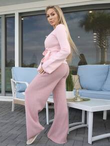 女士宽松系带休闲开衫、长袖上衣 - 粉色 - 查看 3