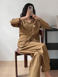 DAZY 蝴蝶结装饰，碎花纯色拼接女士睡衣套装 - 卡其色 - 查看 3