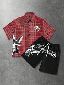 ROMWE MEN 男士休闲格子天使儿童英文印花短袖衬衫套装 - 紅色 - 查看 1