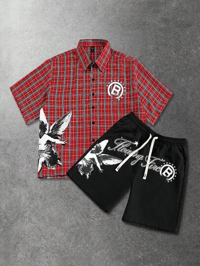 ROMWE MEN 男士休闲格子天使儿童英文印花短袖衬衫套装